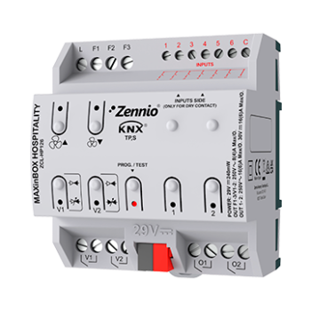 MAXinBOX Hospitality | Fan coil controller for 2/4-pipe unit with 2 16A C-load outputs and 6 a/d inputs
